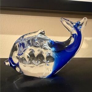 Hand Blown Clear and Cobalt Blue Glass Fish Dolphin Sculpture